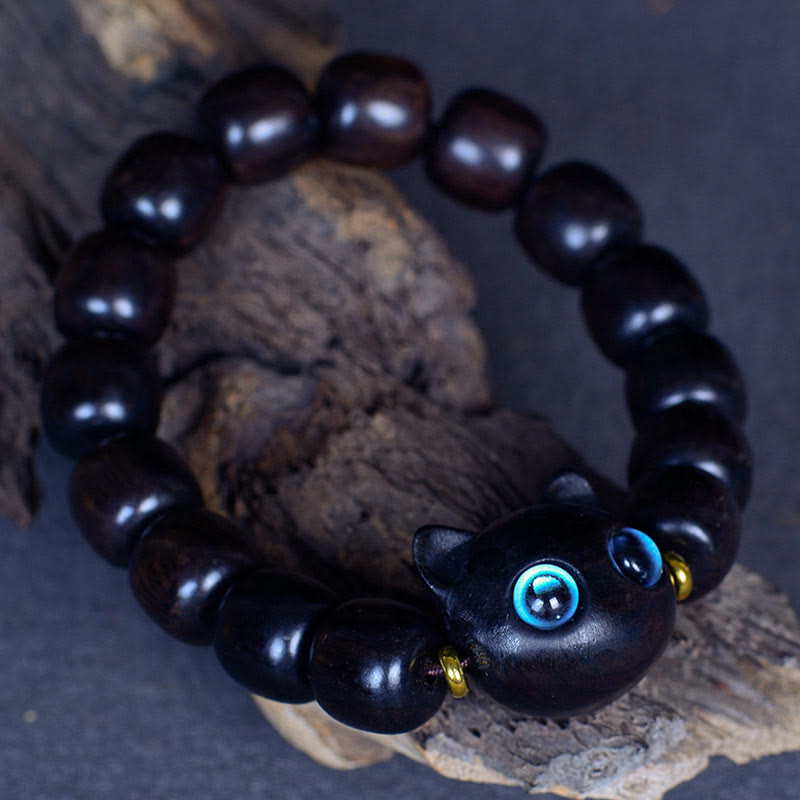 Nimara Ritual Ebony Wood Liuli Glass Lovely Cat Peace Balance Bracelet