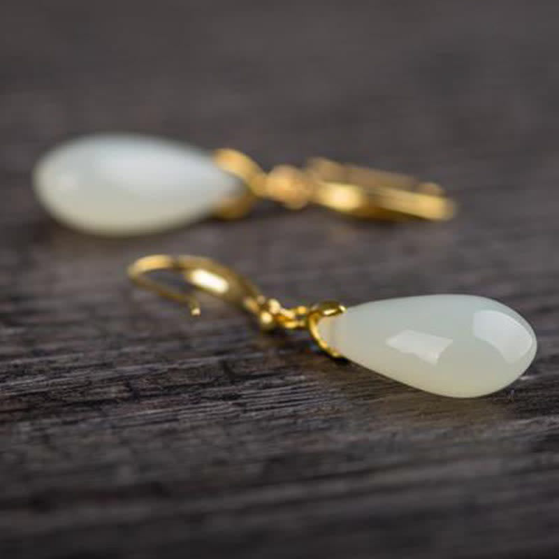 Nimara Ritual Hetian White Jade Water Drop Luck Blessing Dangle Earrings