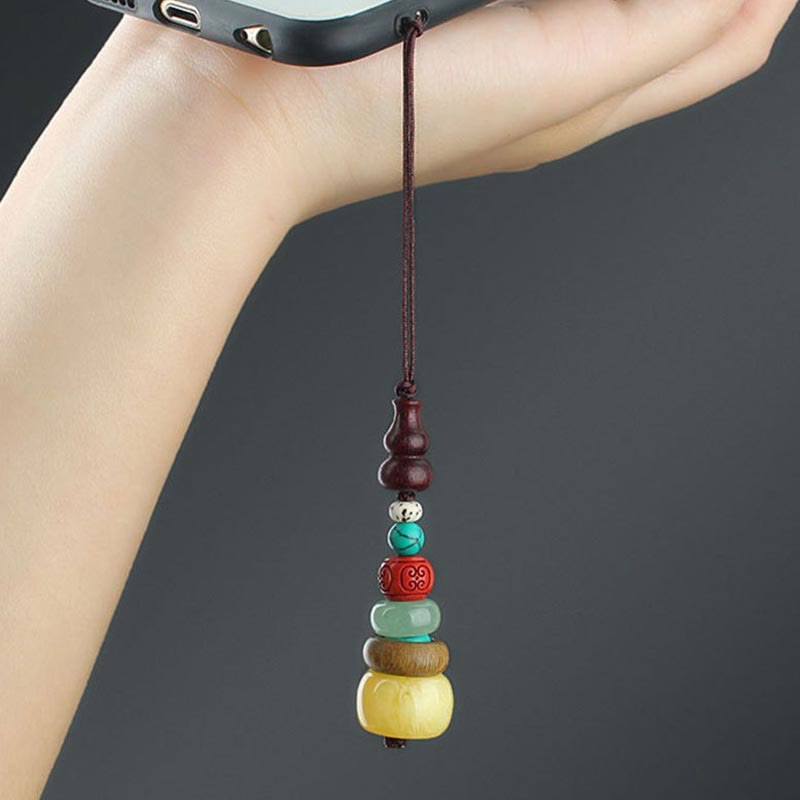 Nimara Ritual Green Sandalwood Ebony Wood Gourd Seven Layer Pagoda Positive Phone Hanging Decoration