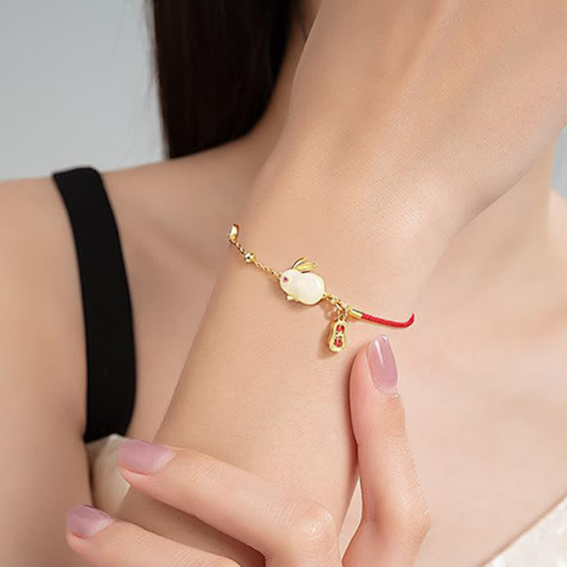 Nimara Ritual Year of the Rabbit White Jade Happiness Red String Chain Bracelet