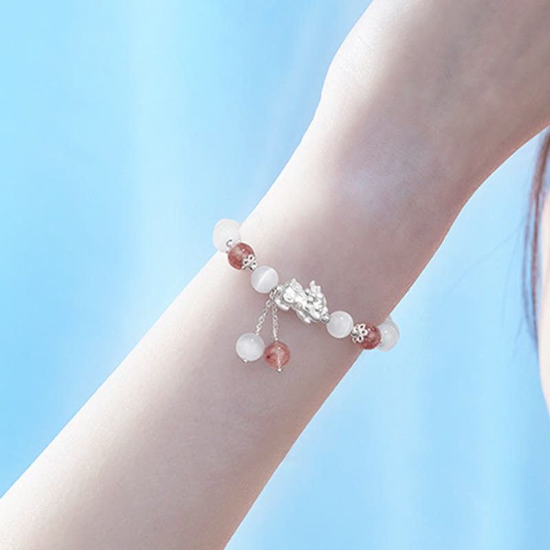 Nimara Ritual Natural Cat's Eye Moonstone Strawberry Quartz PiXiu Support Bracelet