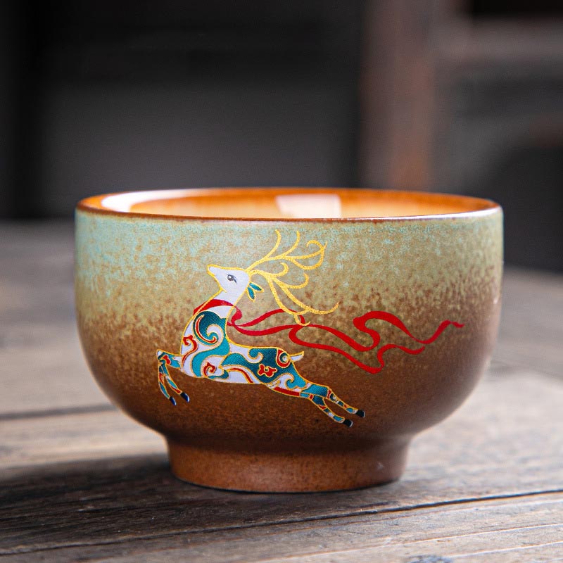Nimara Ritual Colorful Deer Pipa Snow Plum Blossoms Mountains Rivers Bird Ceramic Teacup Kung Fu Tea Cup Bowl