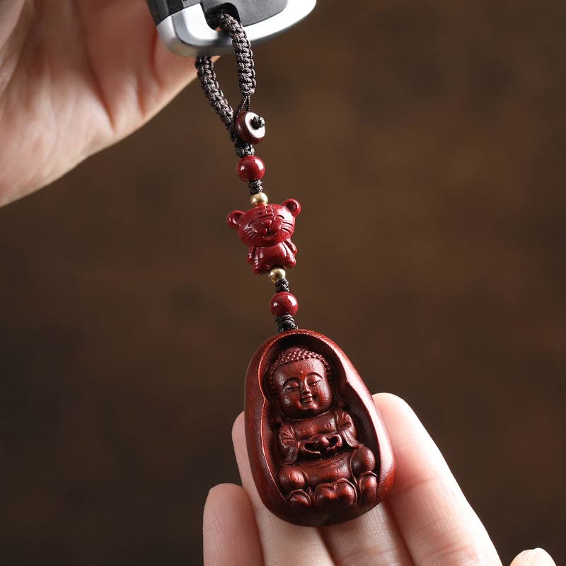 Nimara Ritual Small Leaf Red Sandalwood Buddha Cinnabar Chinese Zodiac Amulet Protection Key Chain