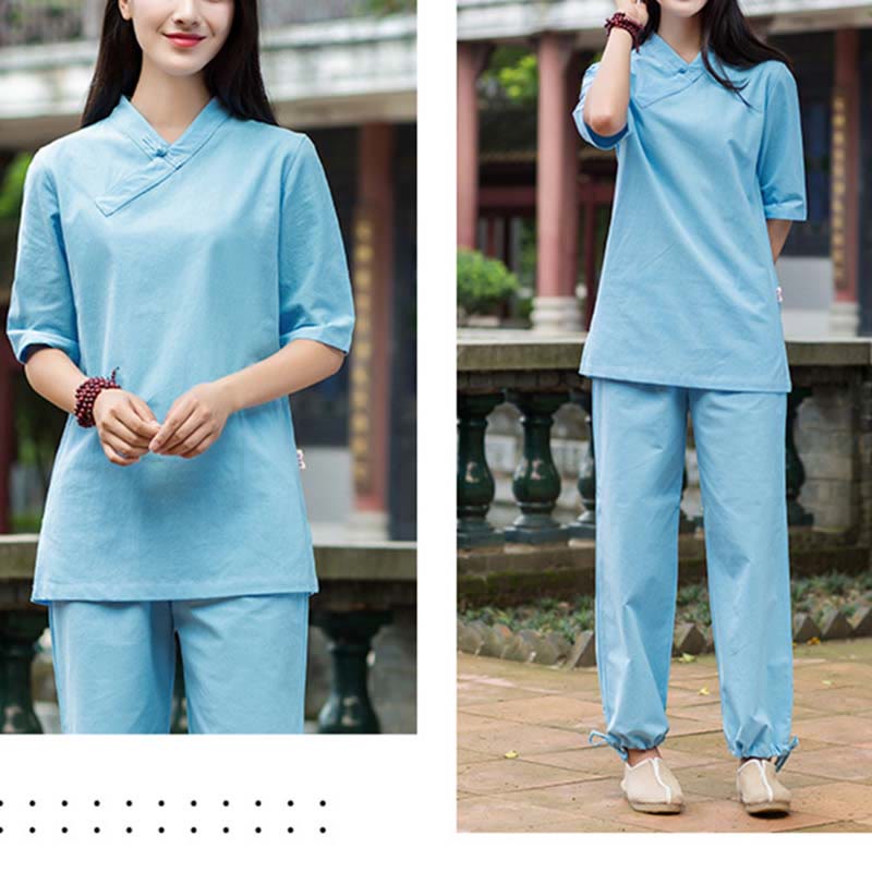 Nimara Ritual 2Pcs Half Sleeve V-Neck Shirt Top Pants Meditation Zen Tai Chi Linen Clothing Women's Set
