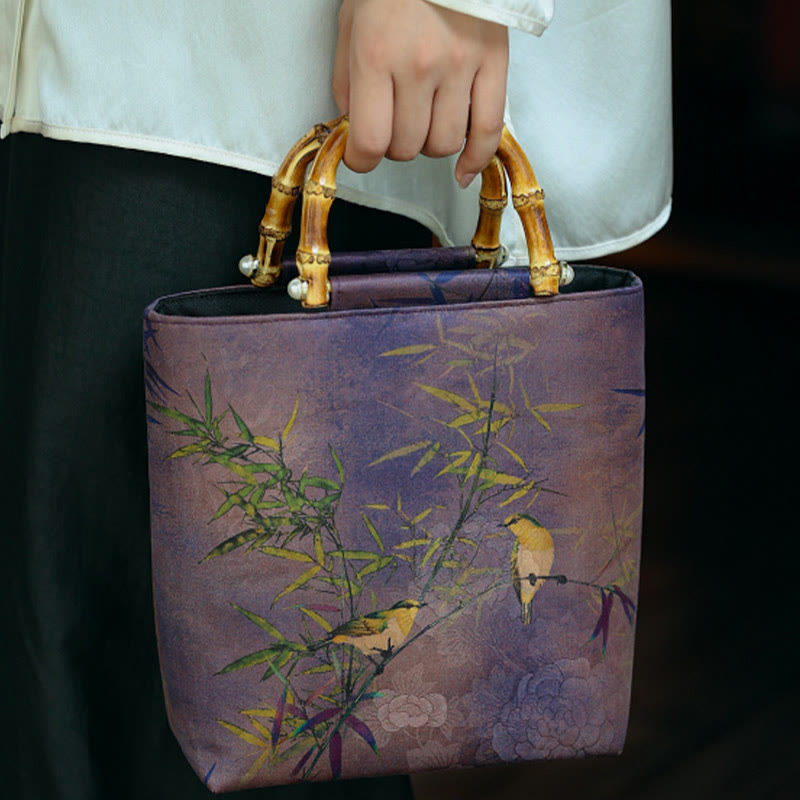 Nimara Ritual Purple Magpie Birds Branches Bamboo Handles Handbag