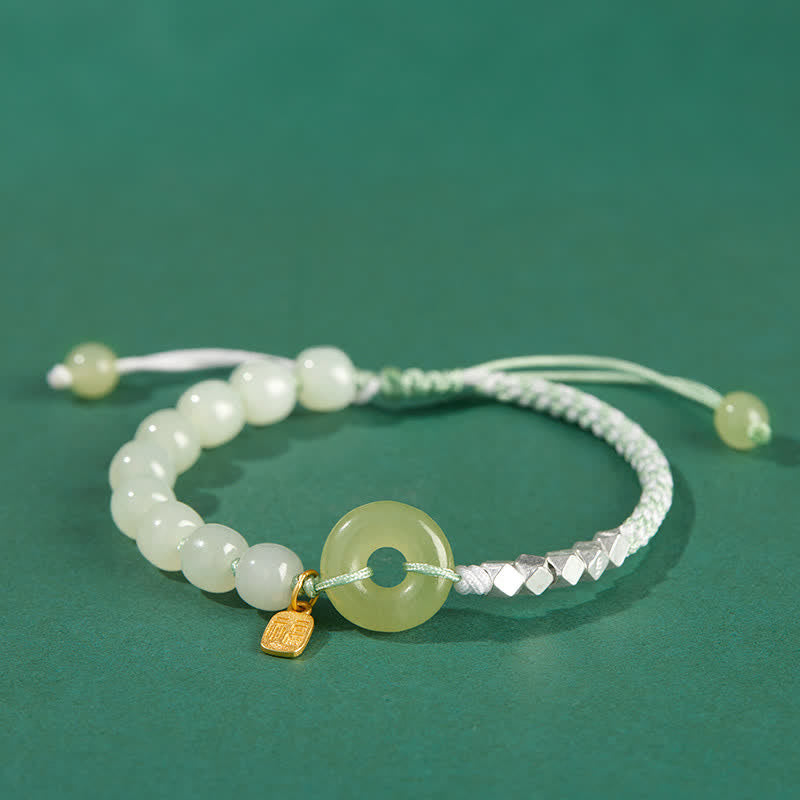 Nimara Ritual 925 Sterling Silver Hetian Jade Peace Buckle Beaded Luck Happiness Charm Bracelet
