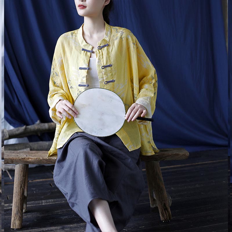 Nimara Ritual Yellow Phoenix Print Frog-button Design Long Sleeve Ramie Linen Jacket Shirt