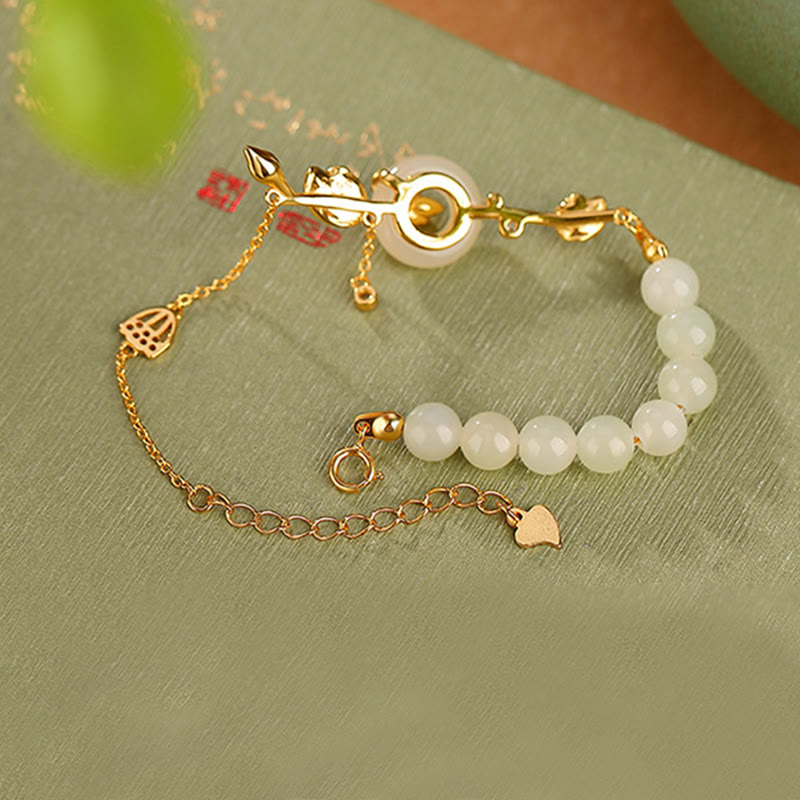 Nimara Ritual 925 Sterling Silver Hetian Jade Peace Buckle Lotus Luck Chain Bracelet