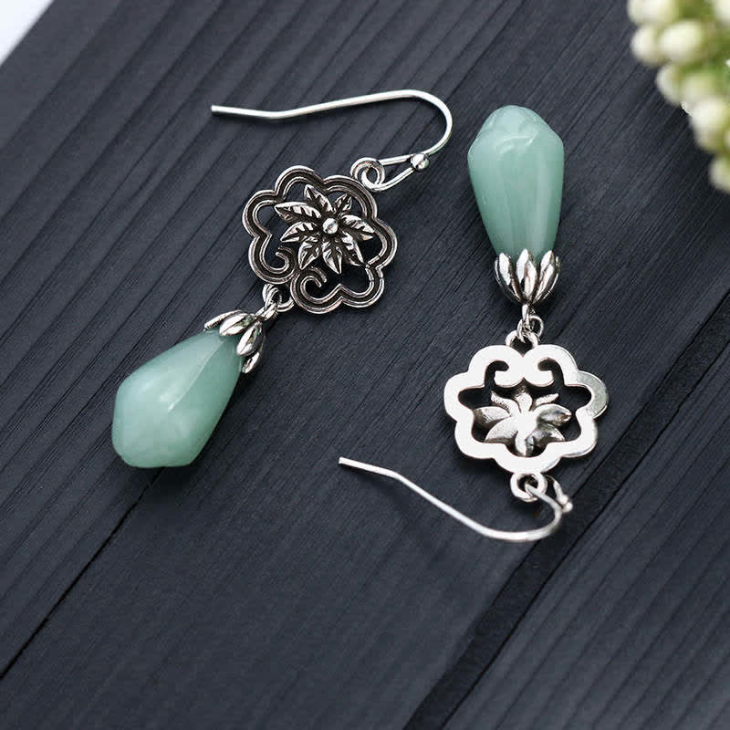 Nimara Ritual Magnolia Flower Jade Water Drop Prosperity Dangle Earrings