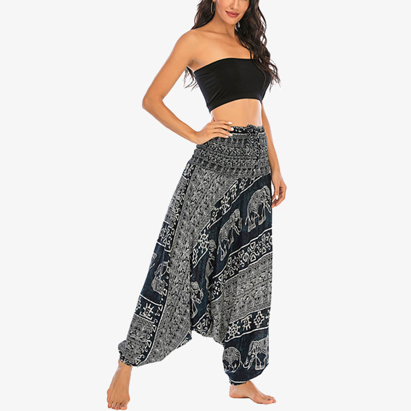 Nimara Ritual Two Style Wear Elephant Pattern Loose Smocked Harem Trousers Jumpsuit Women's Yoga Pants