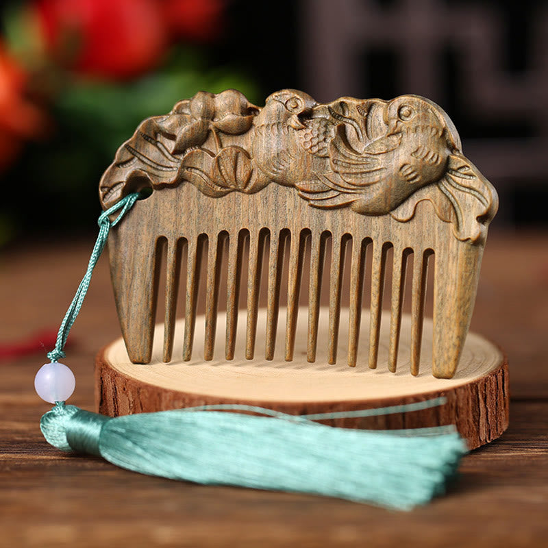 Nimara Ritual Green Sandalwood Fox Peony Flower Lotus Engraved Cure Tassel Comb