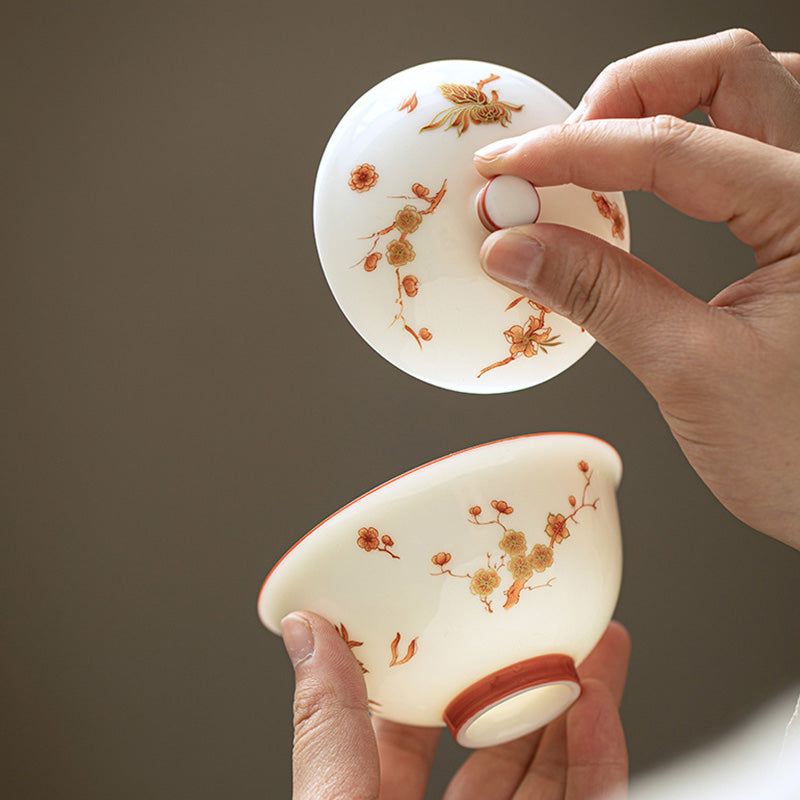 Nimara Ritual White Porcelain Flowers Ceramic Gaiwan Sancai Teacup Kung Fu Tea Cup And Saucer With Lid