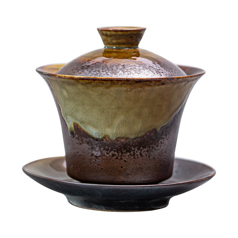 Nimara Ritual Vintage Brown Kiln Change Design Porcelain Ceramic Gaiwan Sancai Teacup Kung Fu Tea Cup And Saucer With Lid