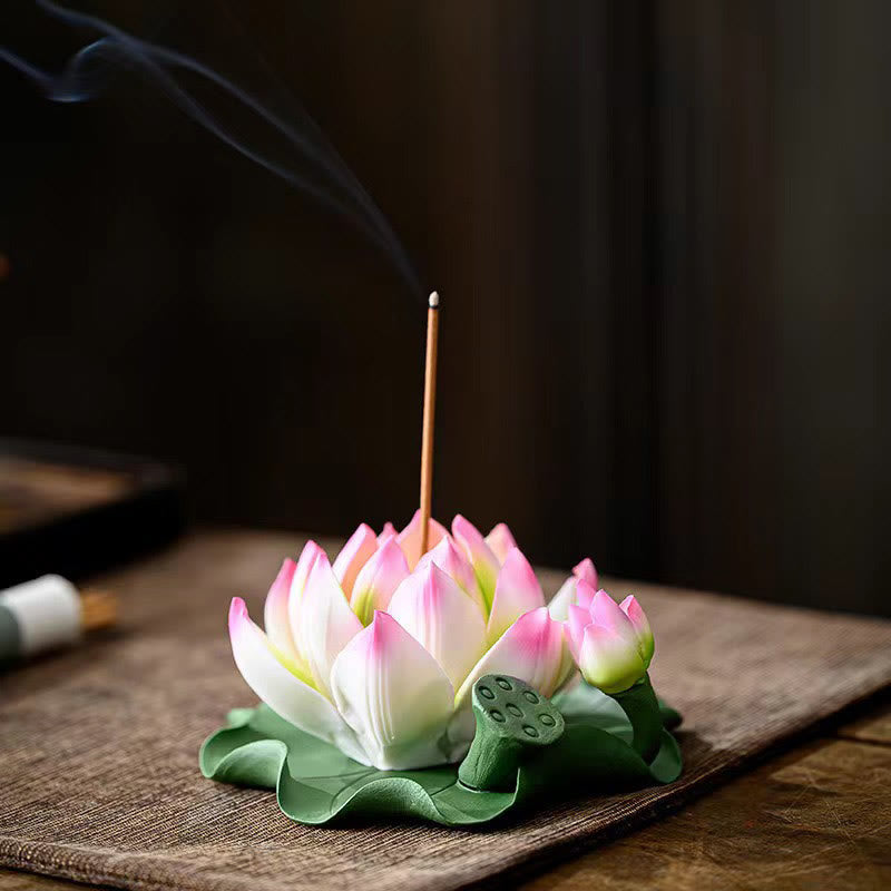 Nimara Ritual Lotus Flower Leaf Pod Spiritual Healing Ceramic Stick Incense Burner Decoration