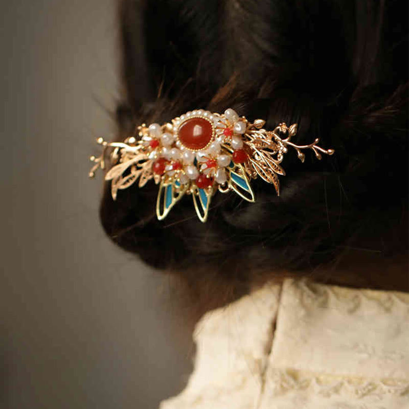 Nimara Ritual Classical Chinese Style Flower Branche Butterfly Pearl Tassel Hair Clip Hair Comb Hair Crown