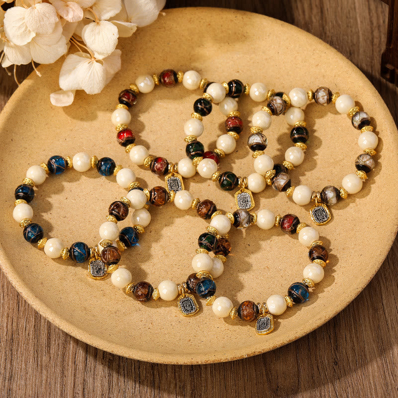 Nimara Ritual Tibetan Zakiram Goddess of Wealth Charm Liuli Glass Incense Ash Porcelain Bead Protection Bracelet