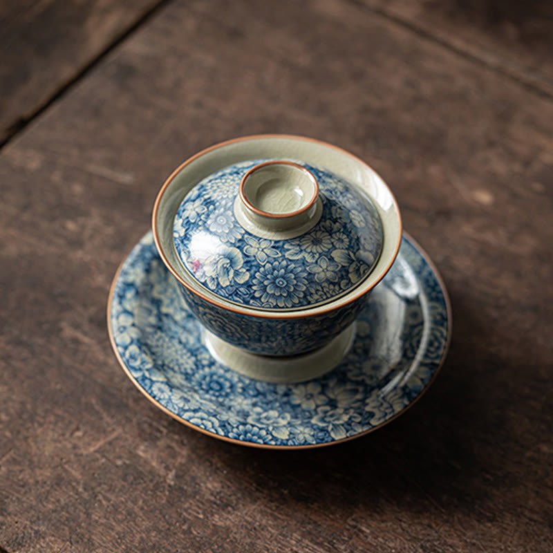 Nimara Ritual Vintage Blue And White Porcelain Peach Blossom Lotus Peony Ceramic Gaiwan Sancai Teacup Kung Fu Tea Cup And Saucer With Lid