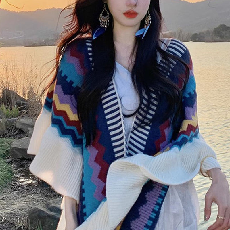 Nimara Ritual Tibetan Shawl Colorful Striped Wavy Line Tassels Winter Cozy Travel Scarf Wrap