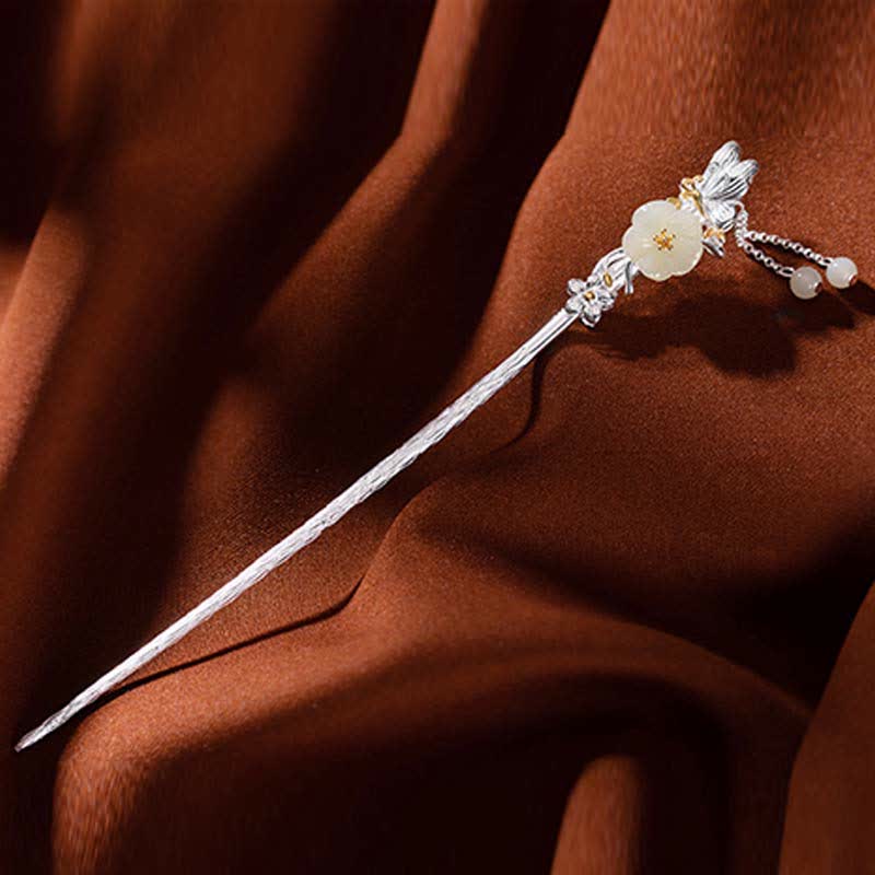 Nimara Ritual 925 Sterling Silver Hetian White Jade Flower Blessing Hairpin