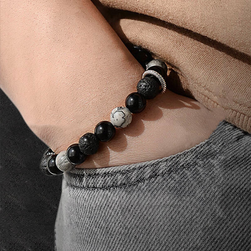 Nimara Ritual Vintage Lava Rock Black Obsidian Picasso Jasper Beads Support Rope Bracelet