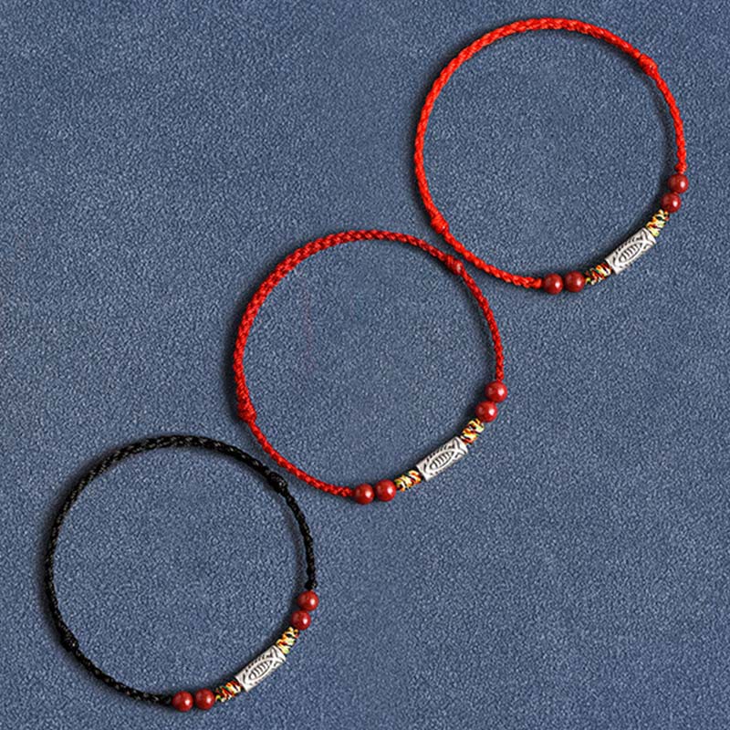 Nimara Ritual 925 Sterling Silver Koi Fish Cinnabar Bead Wealth Handcrafted Braided Bracelet Anklet