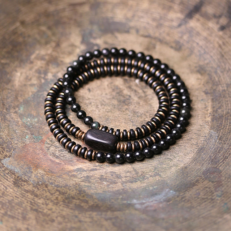 Nimara Ritual Rainbow Obsidian Ebony Wood Copper Healing Triple Wrap Bracelet