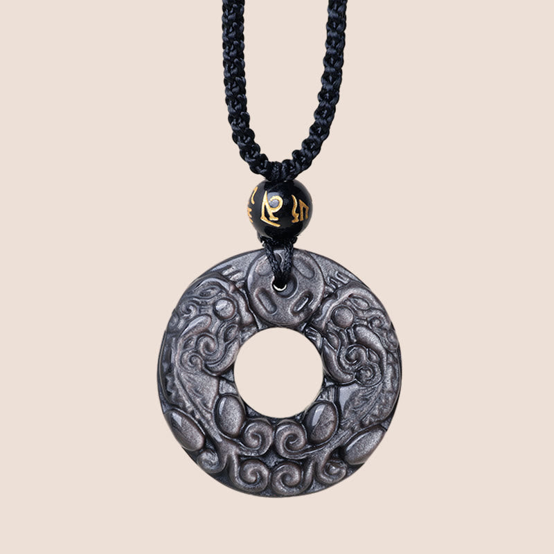 Nimara Ritual Natural Silver Sheen Obsidian Double PiXiu Copper Coin Peace Buckle Protection Necklace Pendant