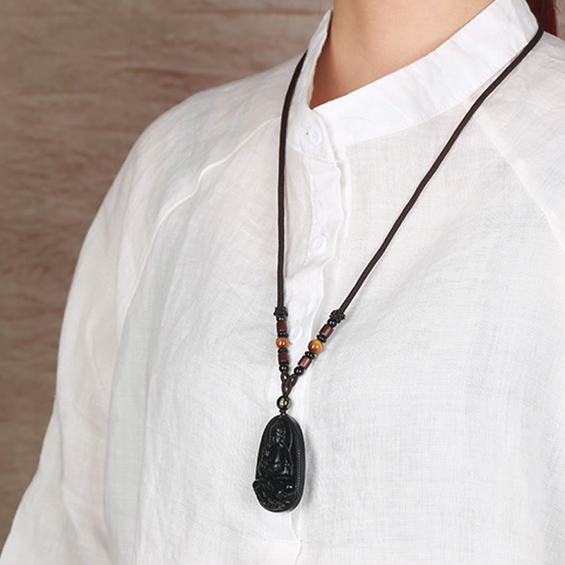 Nimara Ritual Chinese Zodiac Natal Buddha Natural Black Obsidian Purification Necklace Pendant