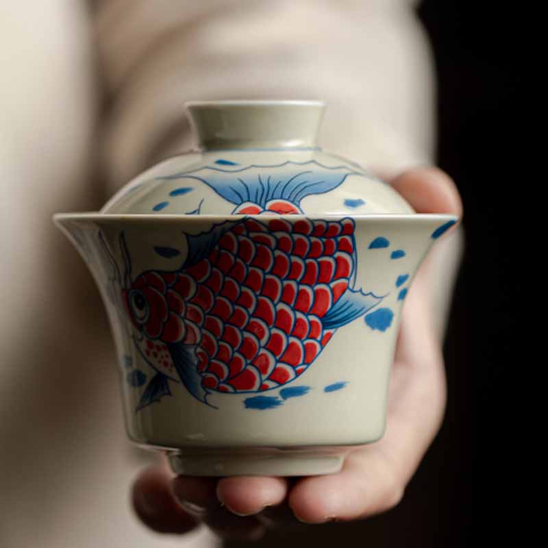 Nimara Ritual Koi Fish Arowana Ceramic Gaiwan Sancai Teacup Kung Fu Tea Cup With Lid 130ml
