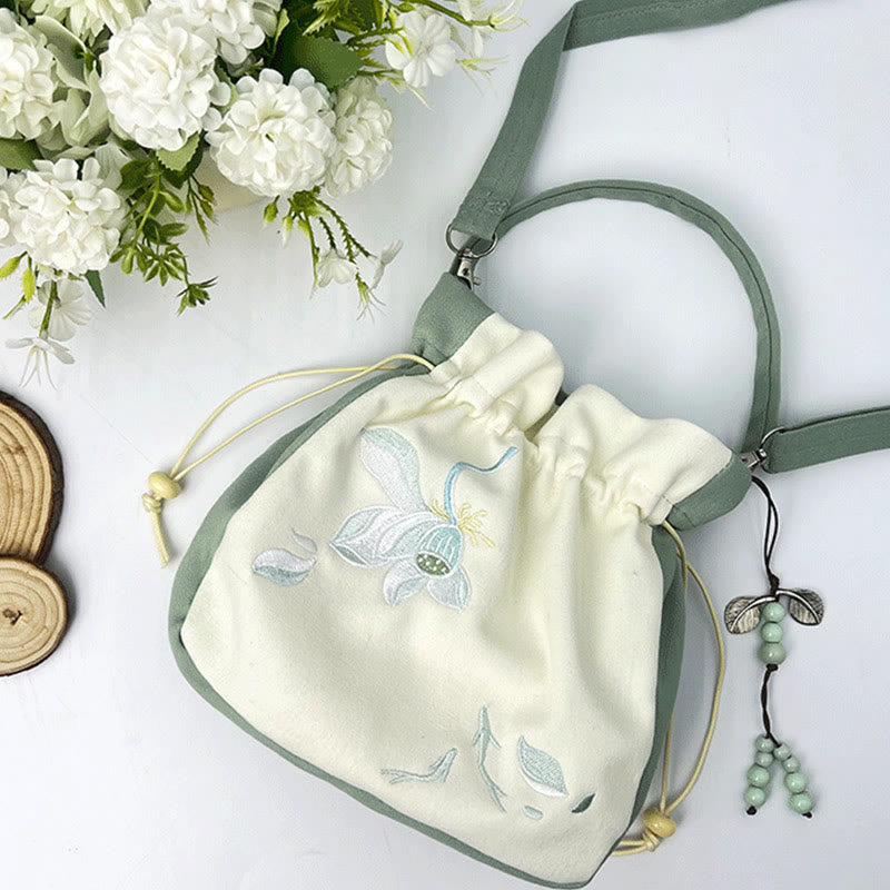 Nimara Ritual Embroidered Butterfly Lotus Magnolia Cotton Linen Tote Crossbody Bag Shoulder Bag Handbag