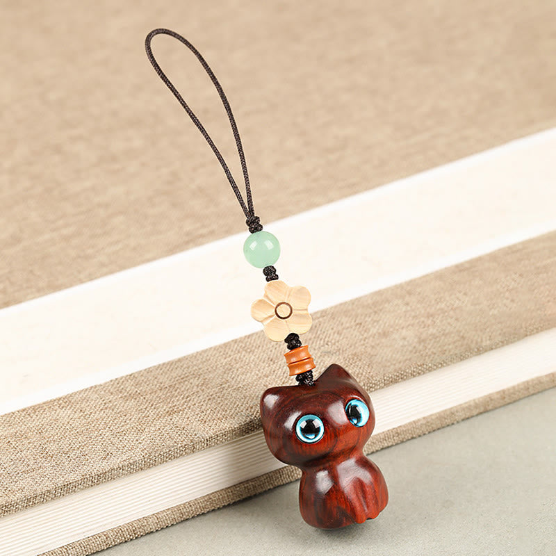 Nimara Ritual Mini Small Leaf Red Sandalwood Ebony Wood Lucky Cat Lovely Kitty Peace Key Chain Phone Hanging Decoration