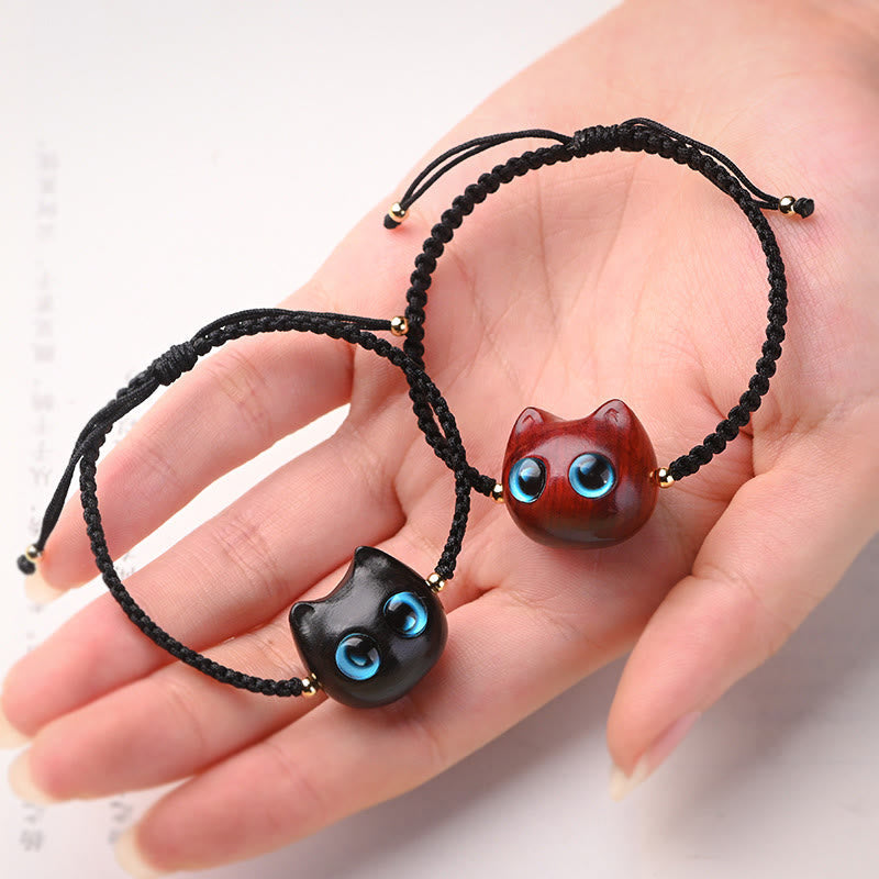 Nimara Ritual Small Leaf Red Sandalwood Ebony Wood Cute Cat Head Calm Protection Braided Bracelet