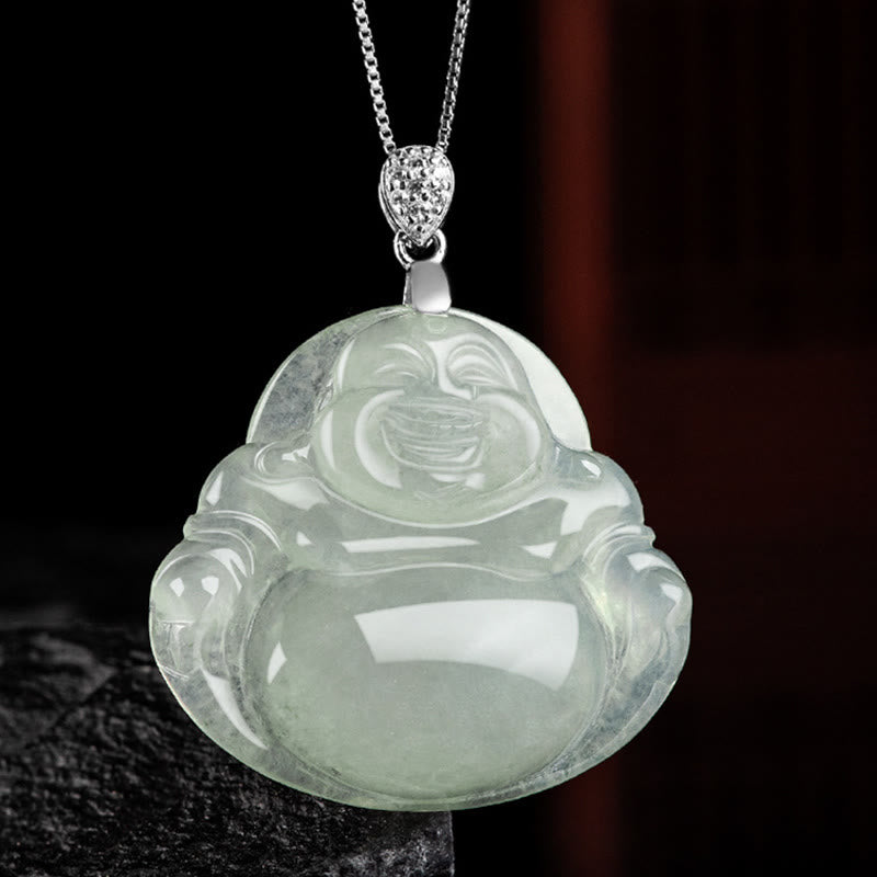 Nimara Ritual Natural Jade Laughing Buddha Prosperity Abundance Titanium Steel Chain Necklace Pendant