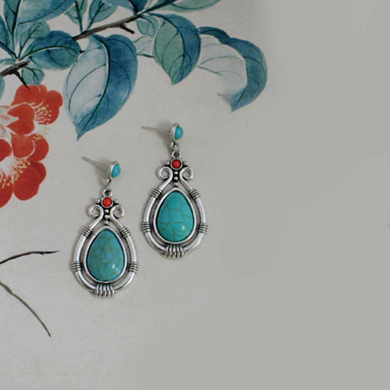 Nimara Ritual Tibet Vintage Turquoise Waterdrop Strength Drop Dangle Earrings Clips