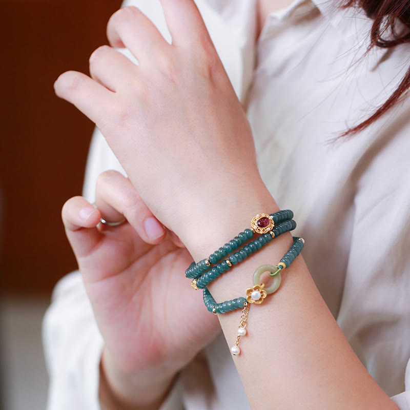 Nimara Ritual 925 Sterling Silver Gold Plated Cyan Jade Flower Peace Buckle Success Triple Wrap Bracelet