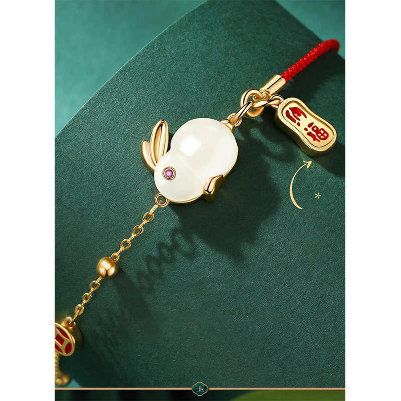 Nimara Ritual Year of the Rabbit White Jade Happiness Red String Chain Bracelet
