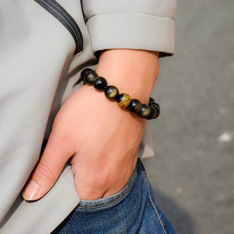 Nimara Ritual Chinese Zodiac Natal Buddha Gold Sheen Obsidian Wealth Protection Bracelet