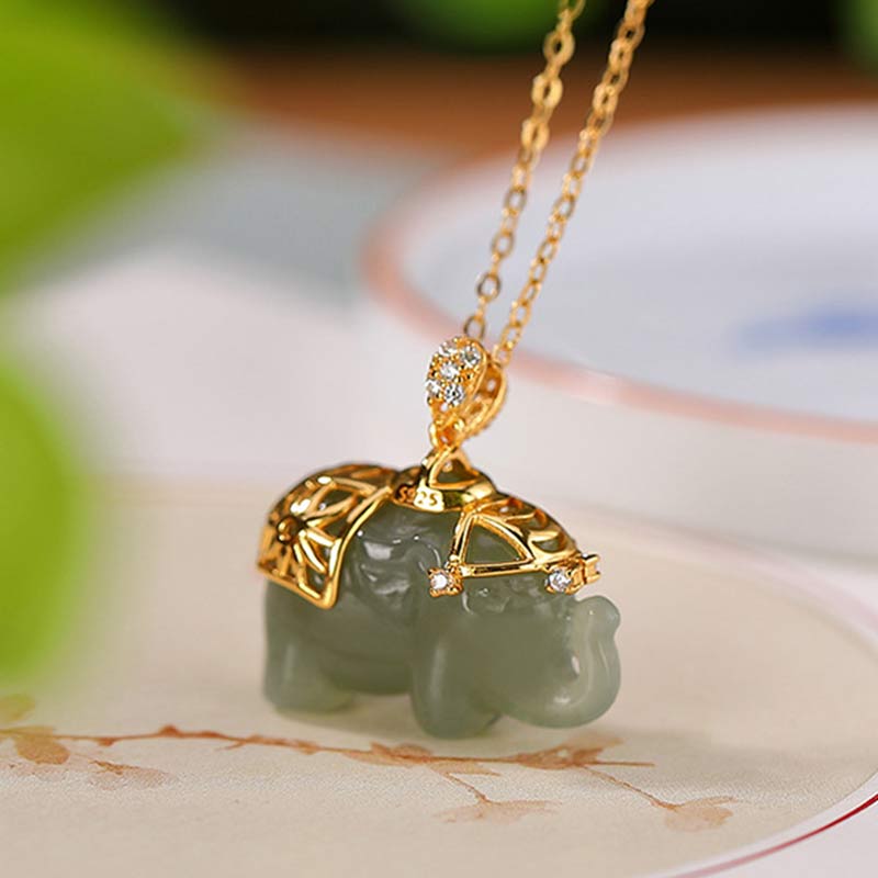 Nimara Ritual 925 Sterling Silver Jade Elephant Blessing Fortune Necklace Chain Pendant