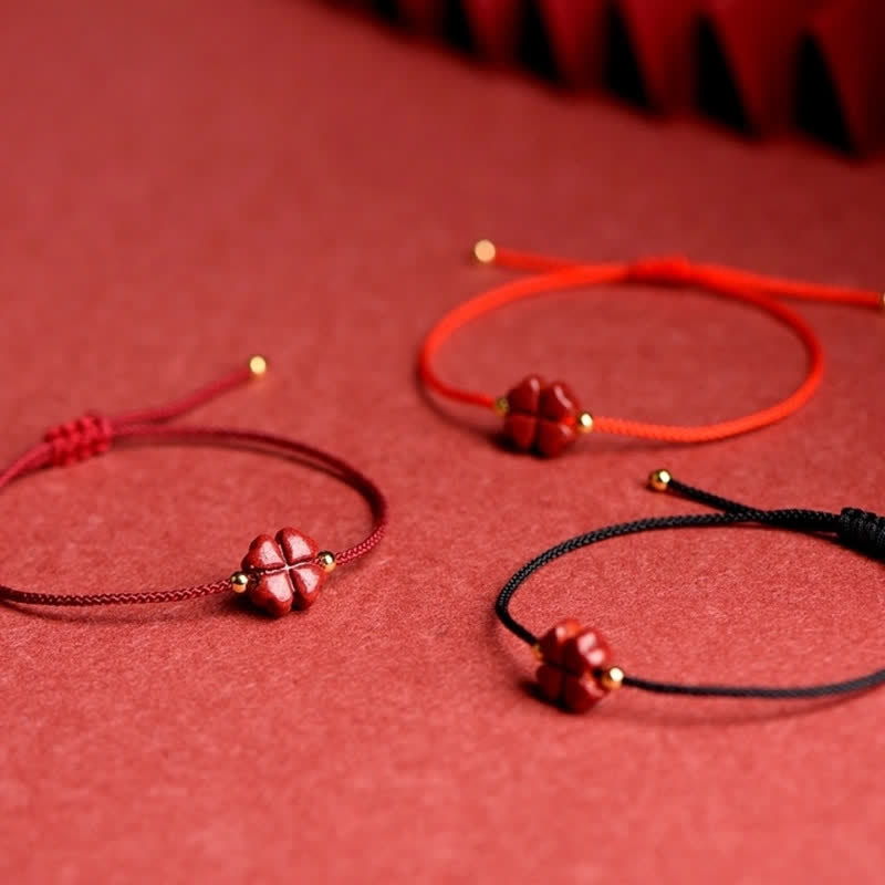 Nimara Ritual Natural Cinnabar Four Leaf Clover Blessing Red String Bracelet Anklet