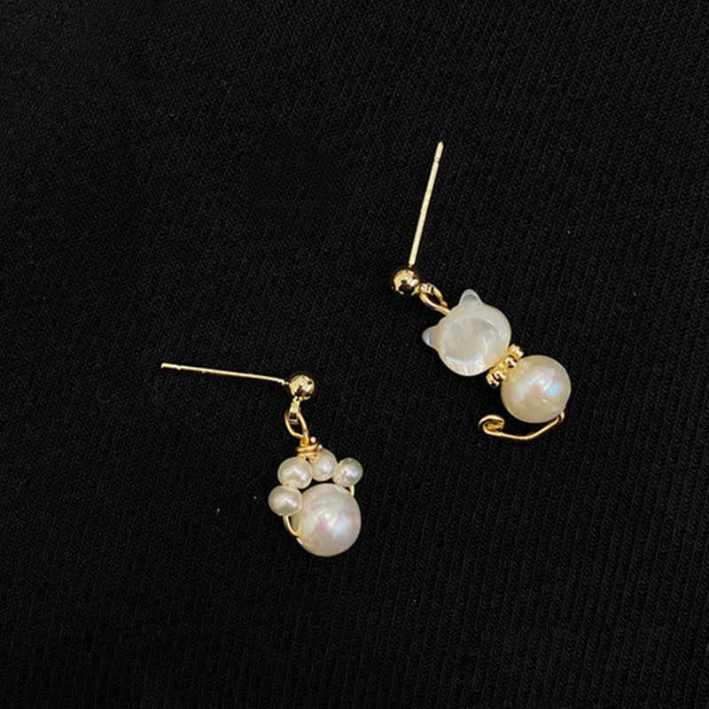 Nimara Ritual Cute Cat Paw Pearl Wisdom Stud Drop Earrings
