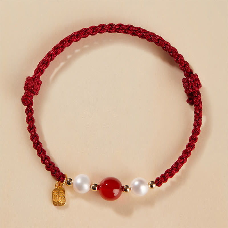 Nimara Ritual 925 Sterling Silver Good Fortune Fu Character Agate Pearl Red String Braid Bracelet