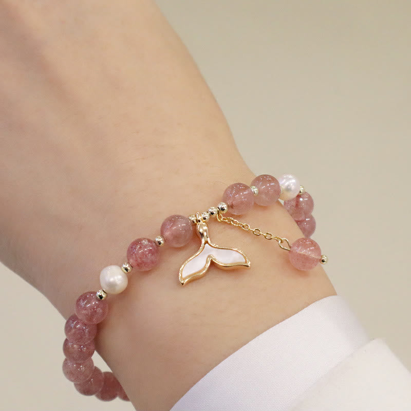 Nimara Ritual Strawberry Quartz Pearl Elk Smiley Face Fishtail Fu Character Charm Healing Bracelet