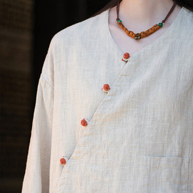 Nimara Ritual Solid Color Ramie Linen Loose Blouse Long Sleeve Shirt Chinese Hanfu Top