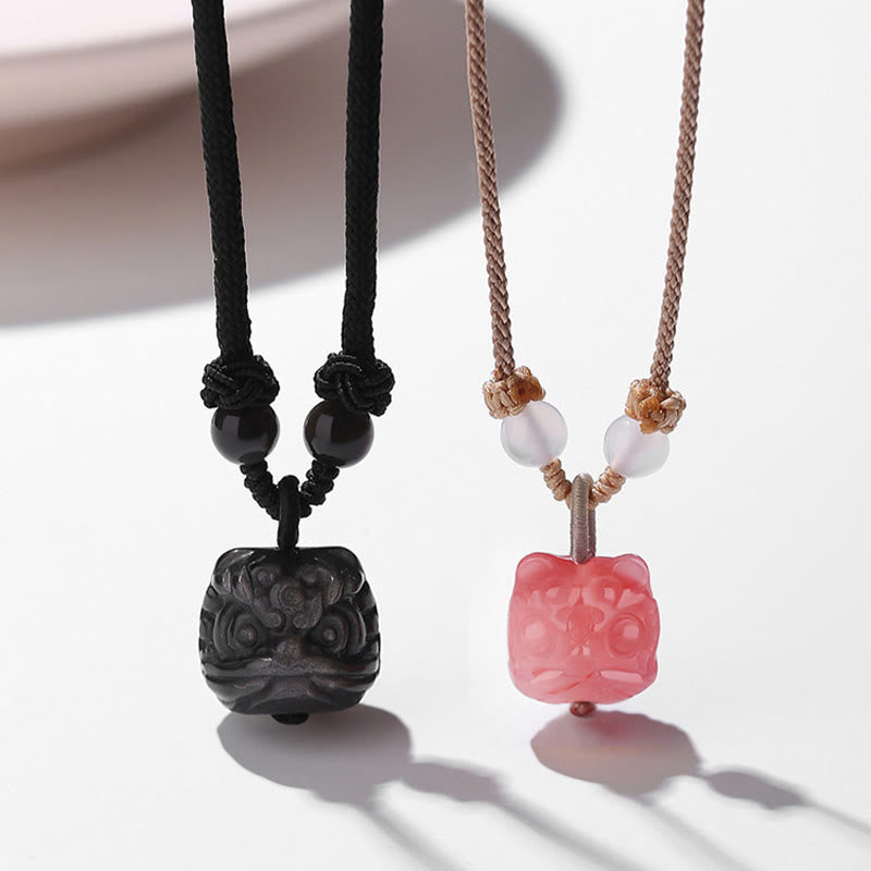 Nimara Ritual Natural Silver Sheen Obsidian Red Agate Dancing Lion Protection Necklace Pendant