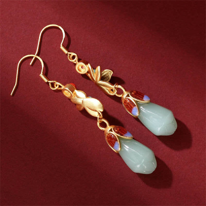 Nimara Ritual Magnolia Flower Jade Pattern Luck Prosperity Drop Dangle Earrings