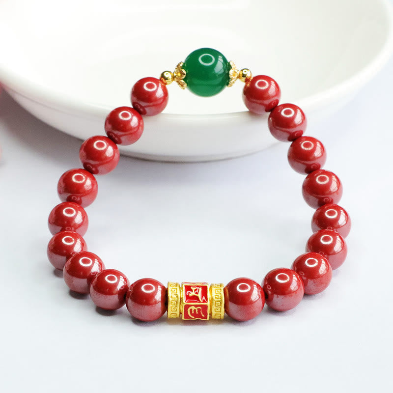 Nimara Ritual Natural Cinnabar Green Agate Om Mani Padme Hum Pattern Blessing Bracelet