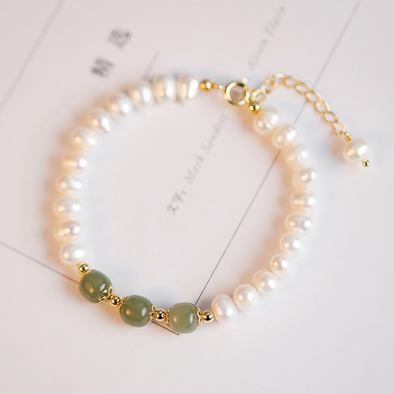 Nimara Ritual 14K Gold Plated Natural Pearl Hetian Cyan Jade White Jade Sincerity Bead Chain Bracelet