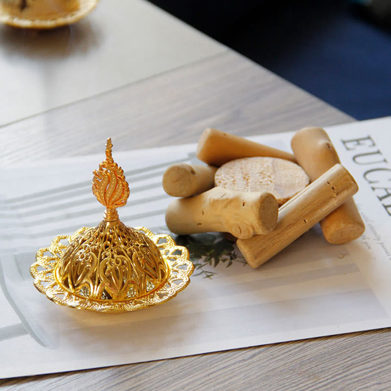 Nimara Ritual Gold Alloy Healing Mini Incense Burner With Wooden Coaster Home Decor