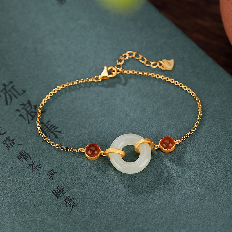 Nimara Ritual 925 Sterling Silver Plated Gold Natural Hetian Jade Peace Buckle Red Agate Luck Bracelet
