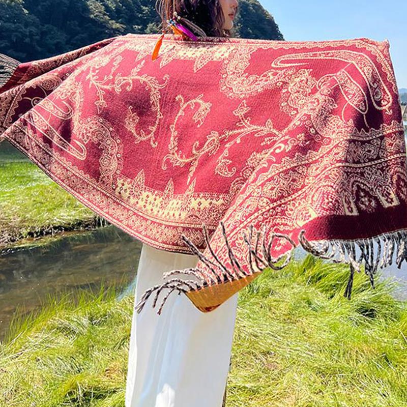 Nimara Ritual Vintage Tibetan Leaves Pattern Design Shawl Cozy Travel Scarf Wrap